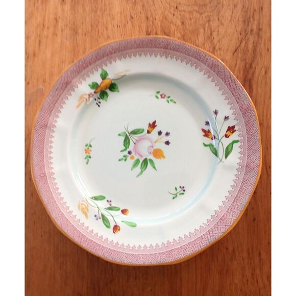 6 Vintage Adams Calyx Ware ;pink green floral 8" salad plates hand painted - Picture 1 of 6
